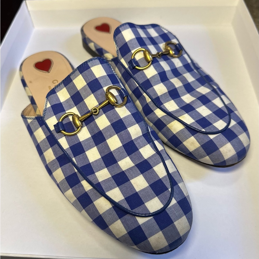 Gucci Blue and White Checkered Mules